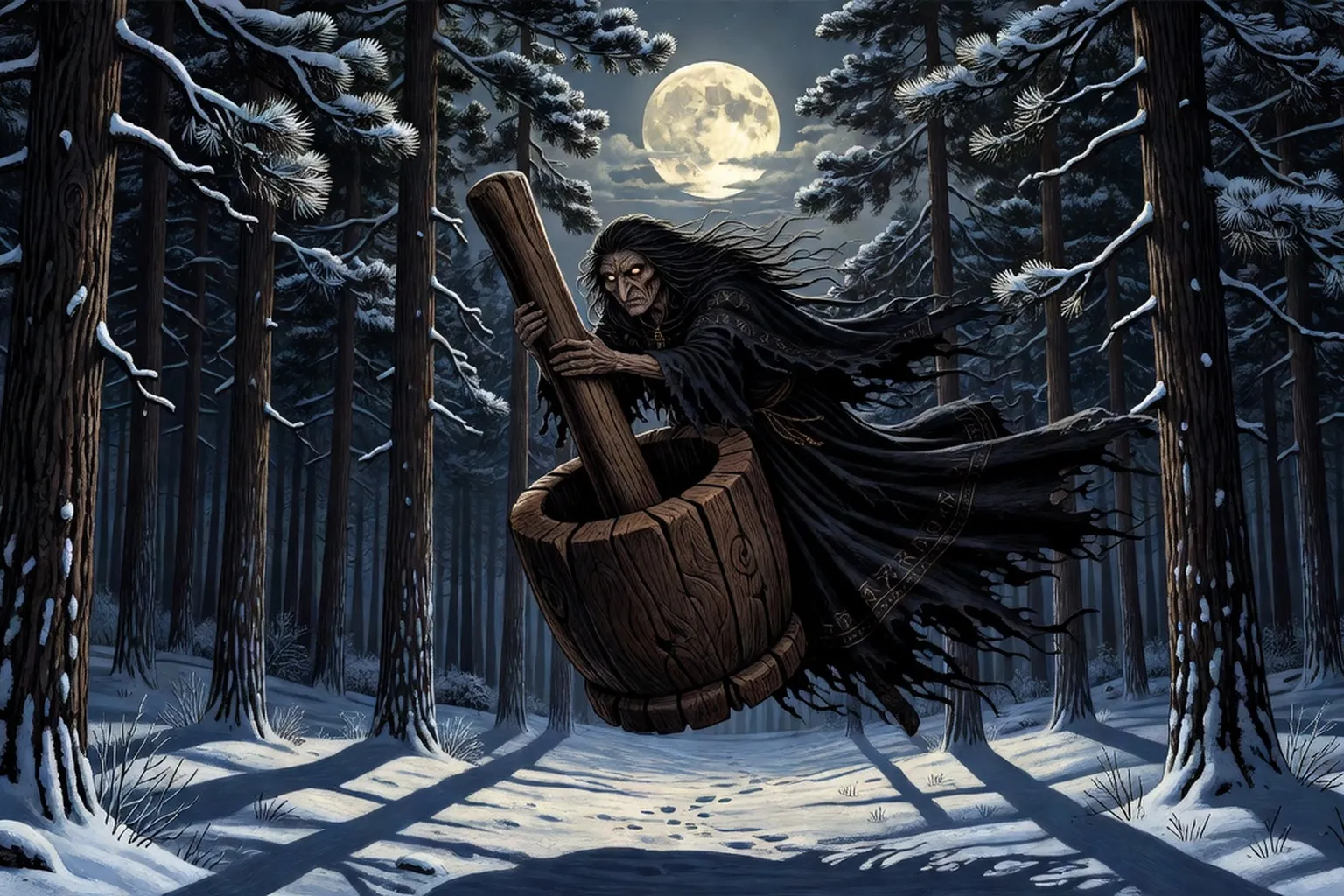 Illustration de Baba Yaga dans son isba sur pattes de poule, forêt slave mystérieuse et enchantée