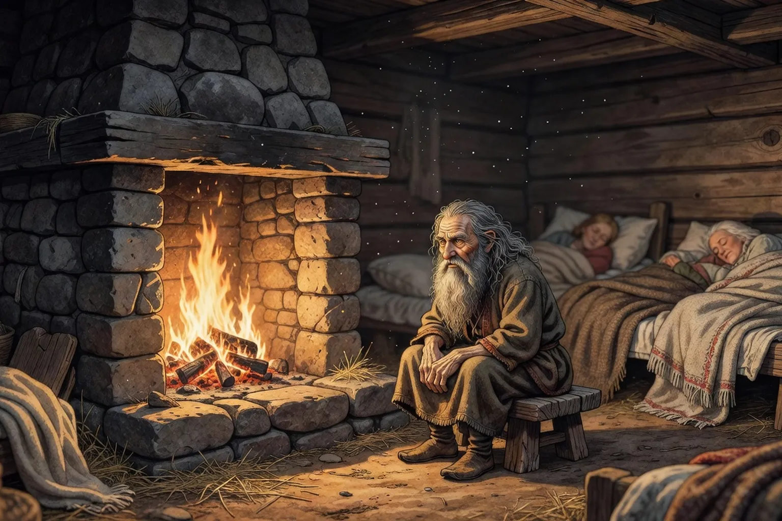 Illustration du Domovoi, esprit domestique slave gardien du foyer, dans une vieille isba russe