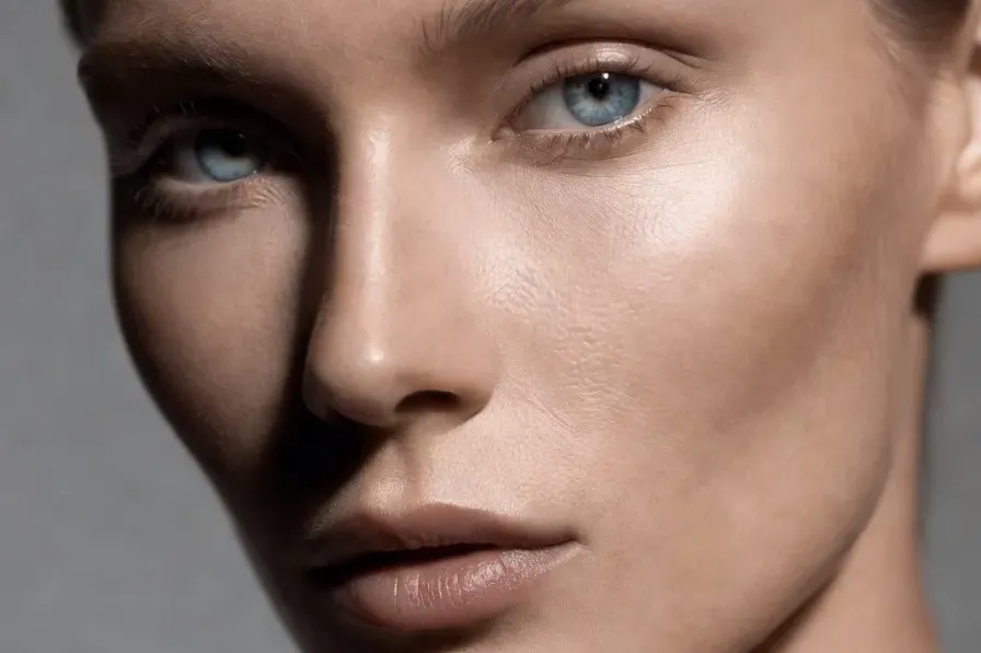 Portrait close-up mettant en valeur le nez slave, les pommettes et les yeux clairs