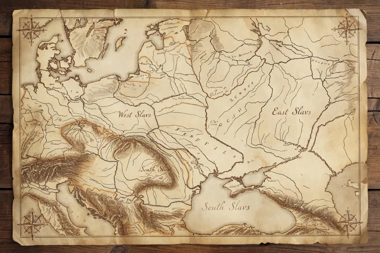 Carte des trois branches slaves Est Ouest Sud