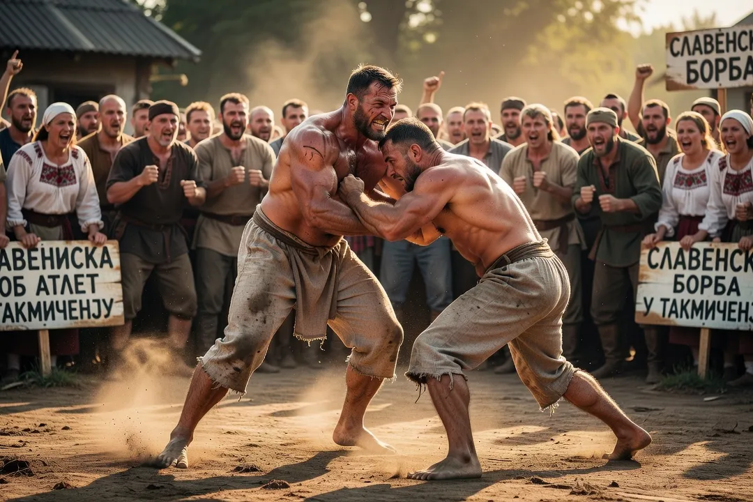 Athlète slave masculin en compétition de lutte traditionnelle slave, puissance et agilité