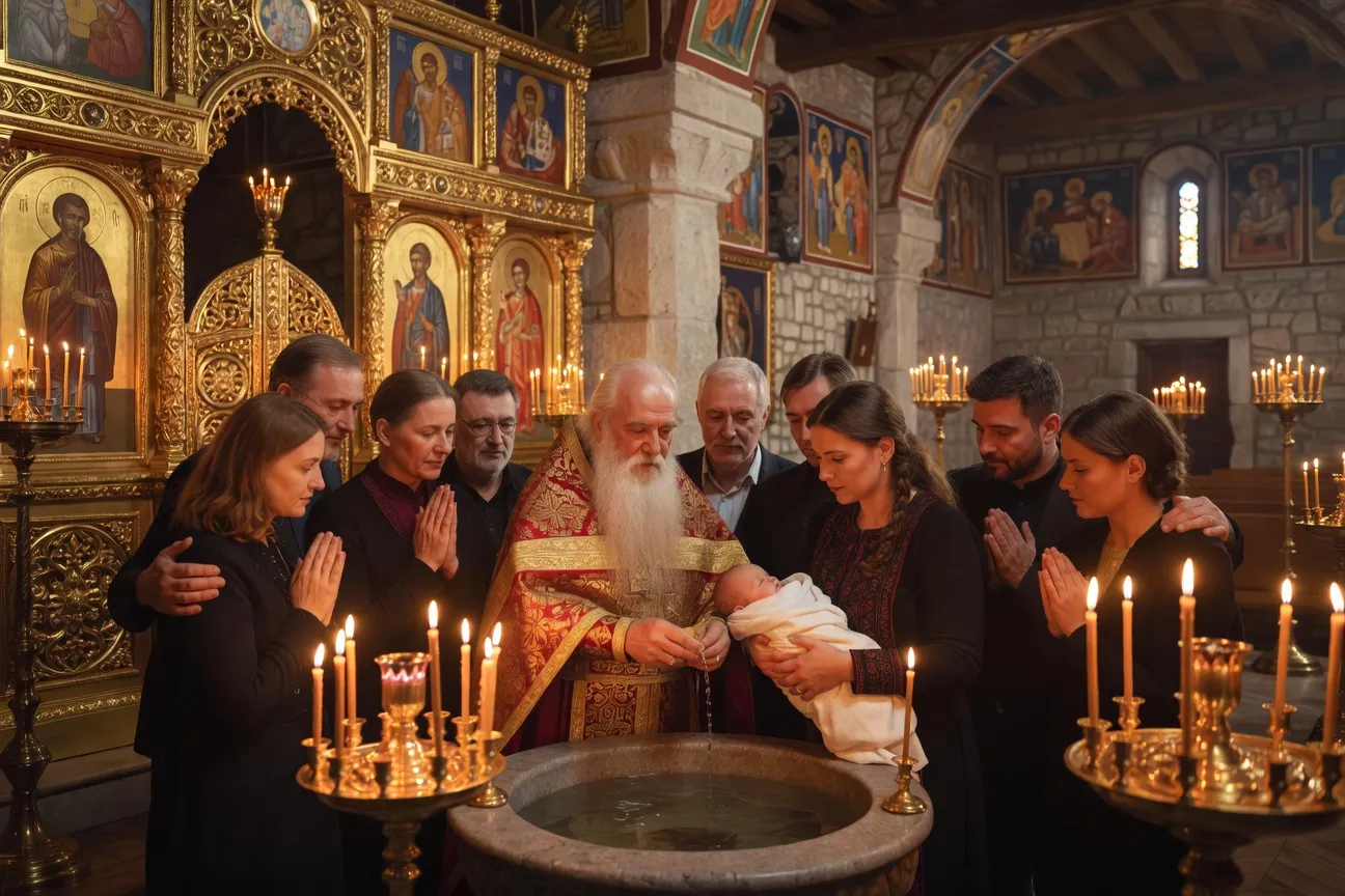 Famille serbo-croate au baptême d'un nouveau-né