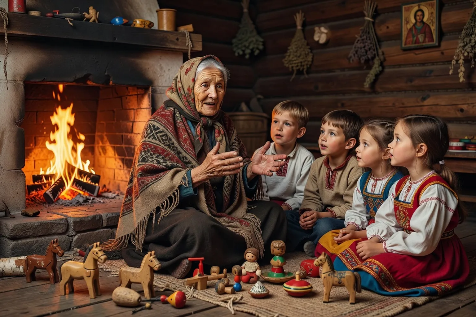 Babushka russe sage racontant des proverbes à ses petits-enfants