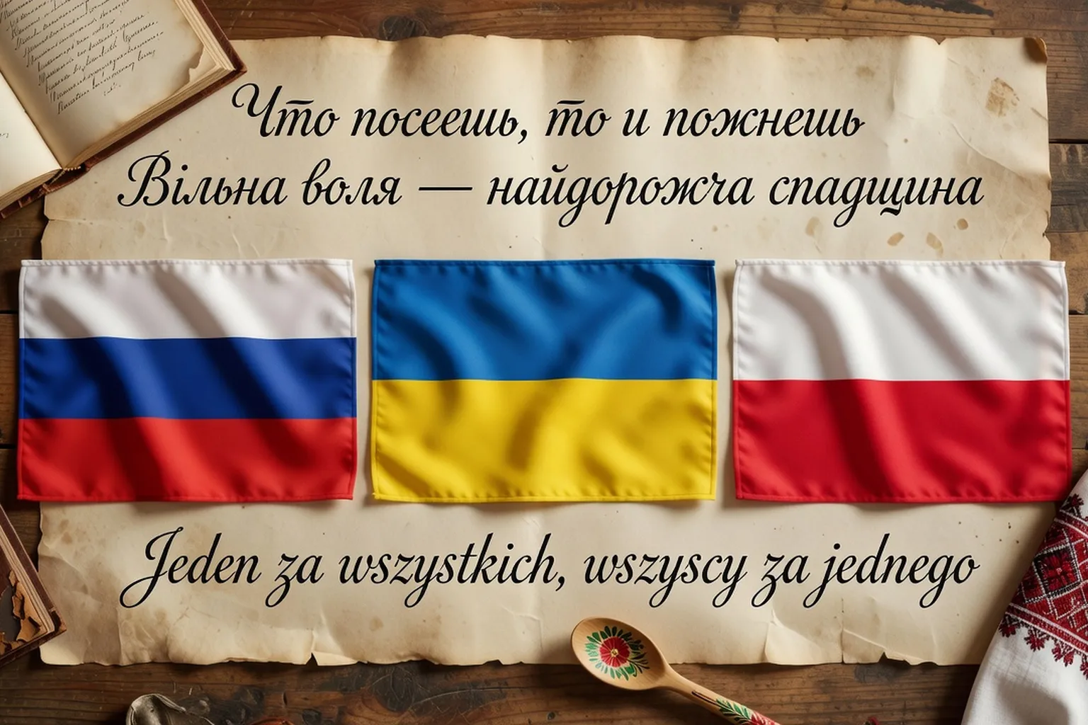 Calligraphie en cyrillique et en latin représentant des proverbes slaves russes, polonais et ukrainiens