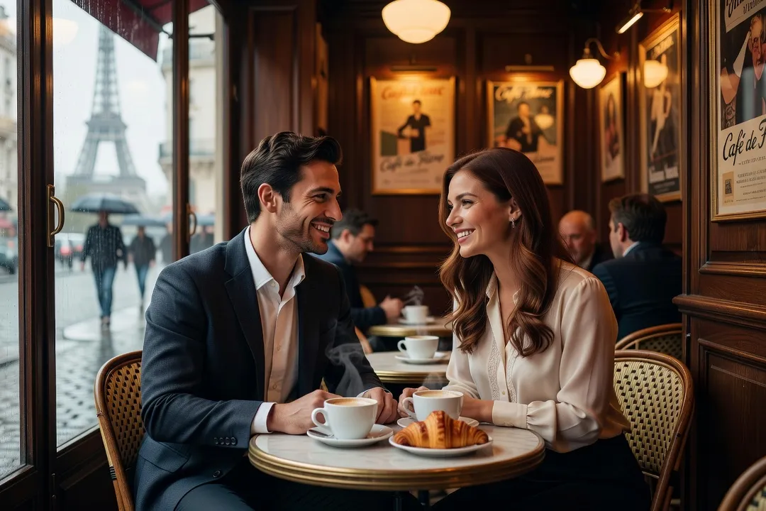 Couple franco-slave heureux lors d'un rendez-vous romantique dans un café parisien