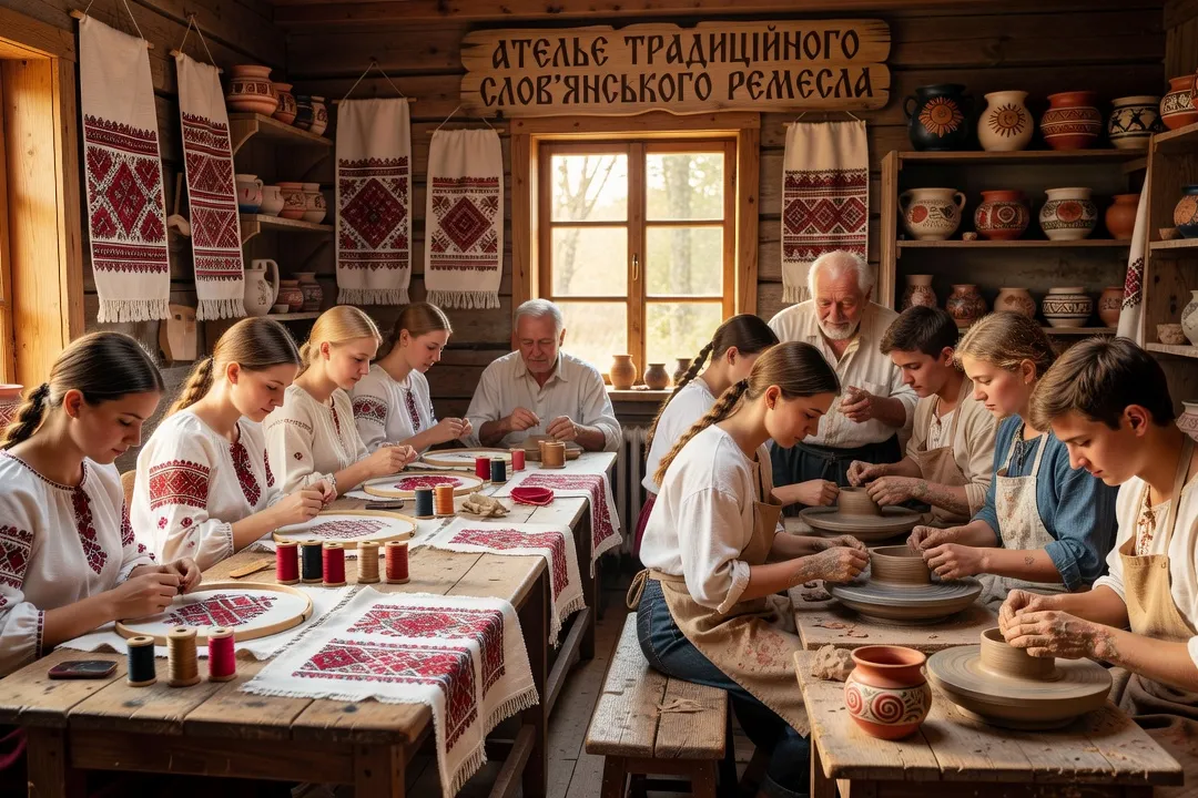 Atelier d'artisanat slave traditionnel, jeunes apprenant broderie et poterie slave