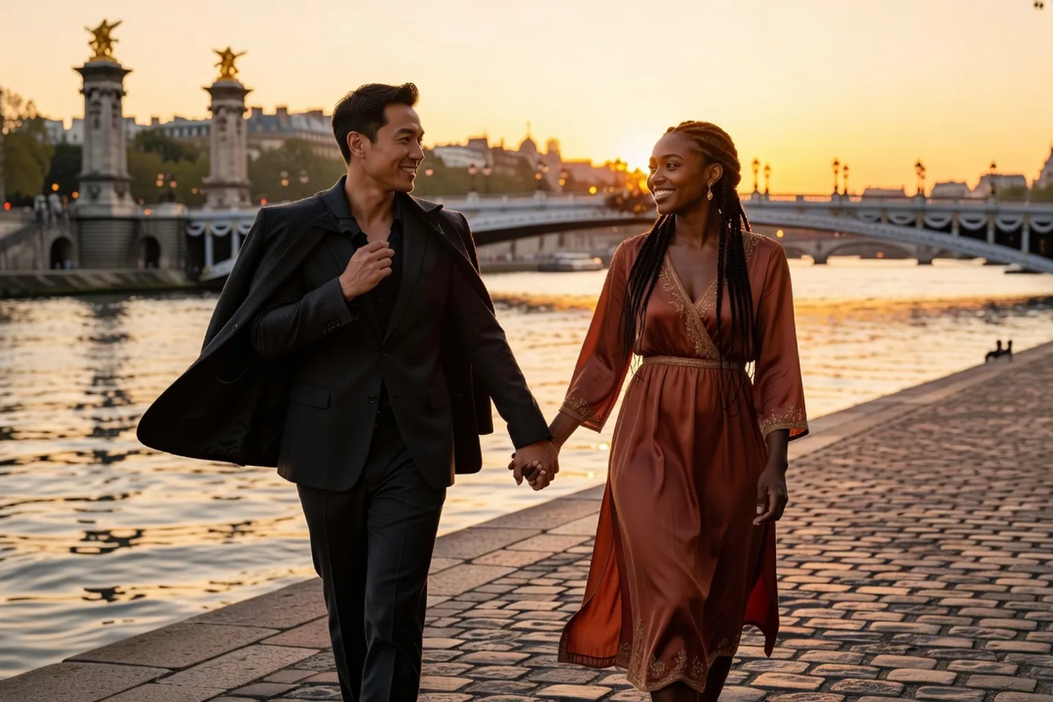 Couple mixte franco-slave heureux dans un cadre naturel, relation épanouie