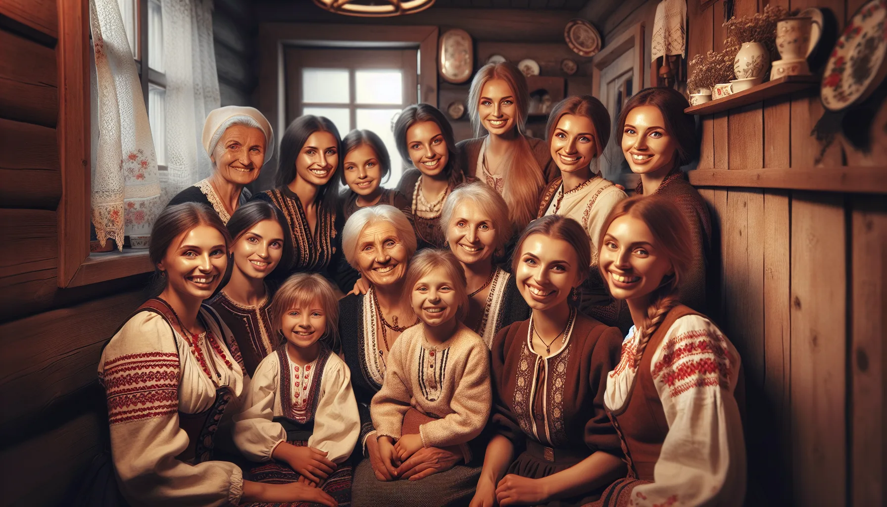 Femmes slaves réunies lors d'un rassemblement familial, illustrant la chaleur et les liens forts caractéristiques de la culture slave