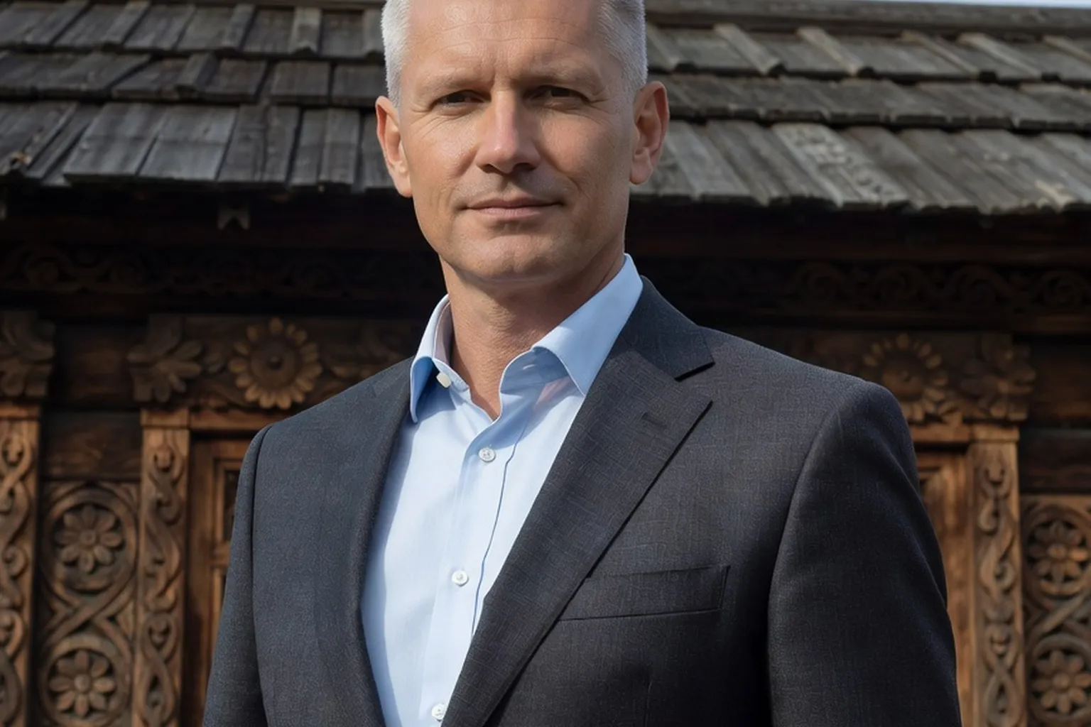 Portrait Tomasz Kowalski architecte du patrimoine devant une izba en bois