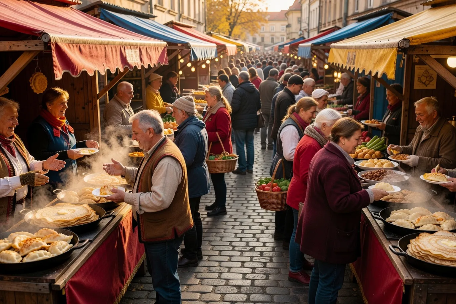 Stand de rue vendant des pierogi et des spécialités slaves sur un marché populaire d'Europe de l'Est