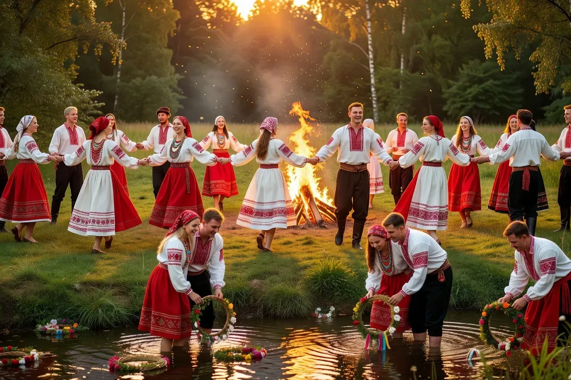 Fête slave traditionnelle en plein air, Ivan Kupala ou Maslenitsa, costumes folkloriques colorés