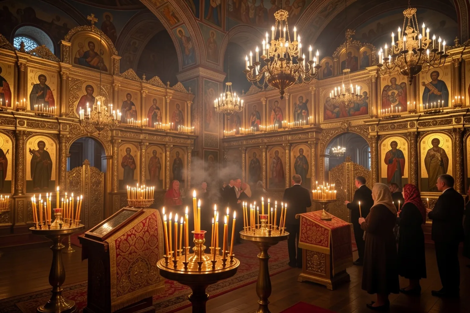 Cérémonie religieuse orthodoxe dans une cathédrale russe avec iconostase dorée et fidèles en prière