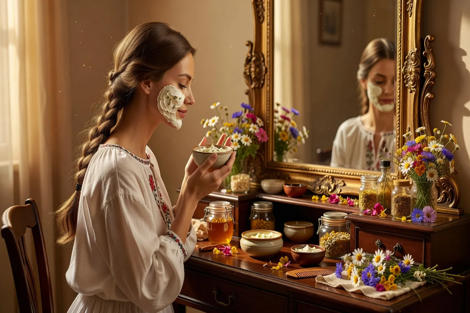 Femme slave élégante devant miroir, rituels de beauté, produits naturels slaves