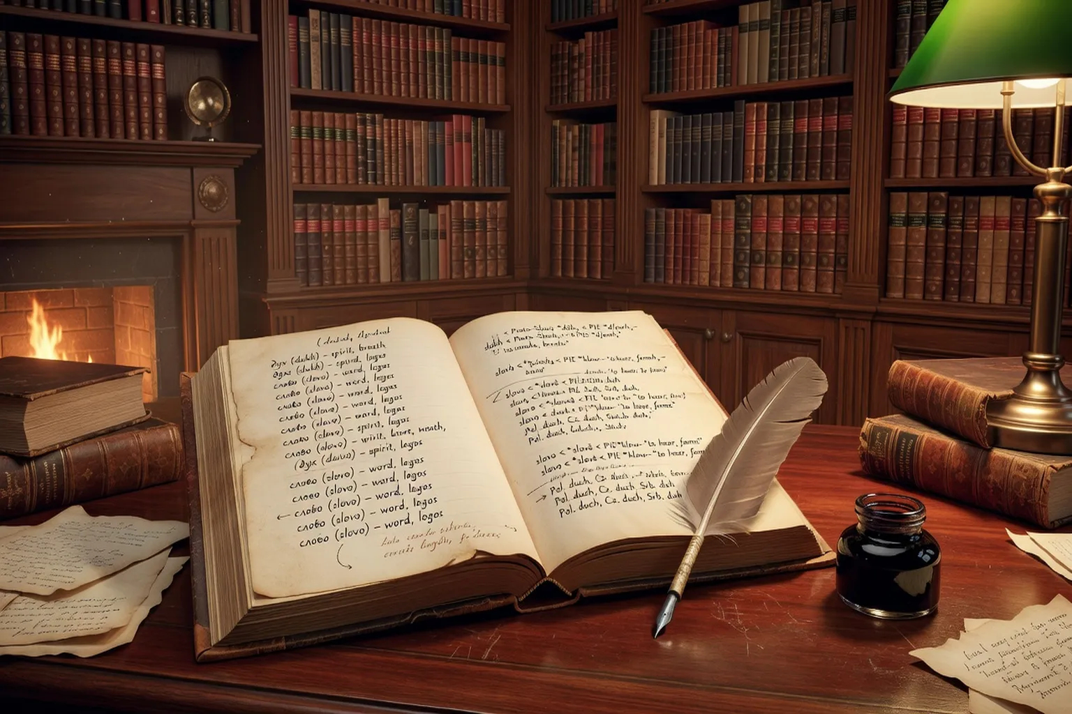 Livre ouvert avec mots slaves en cyrillique et caractères latins, ambiance bibliothèque