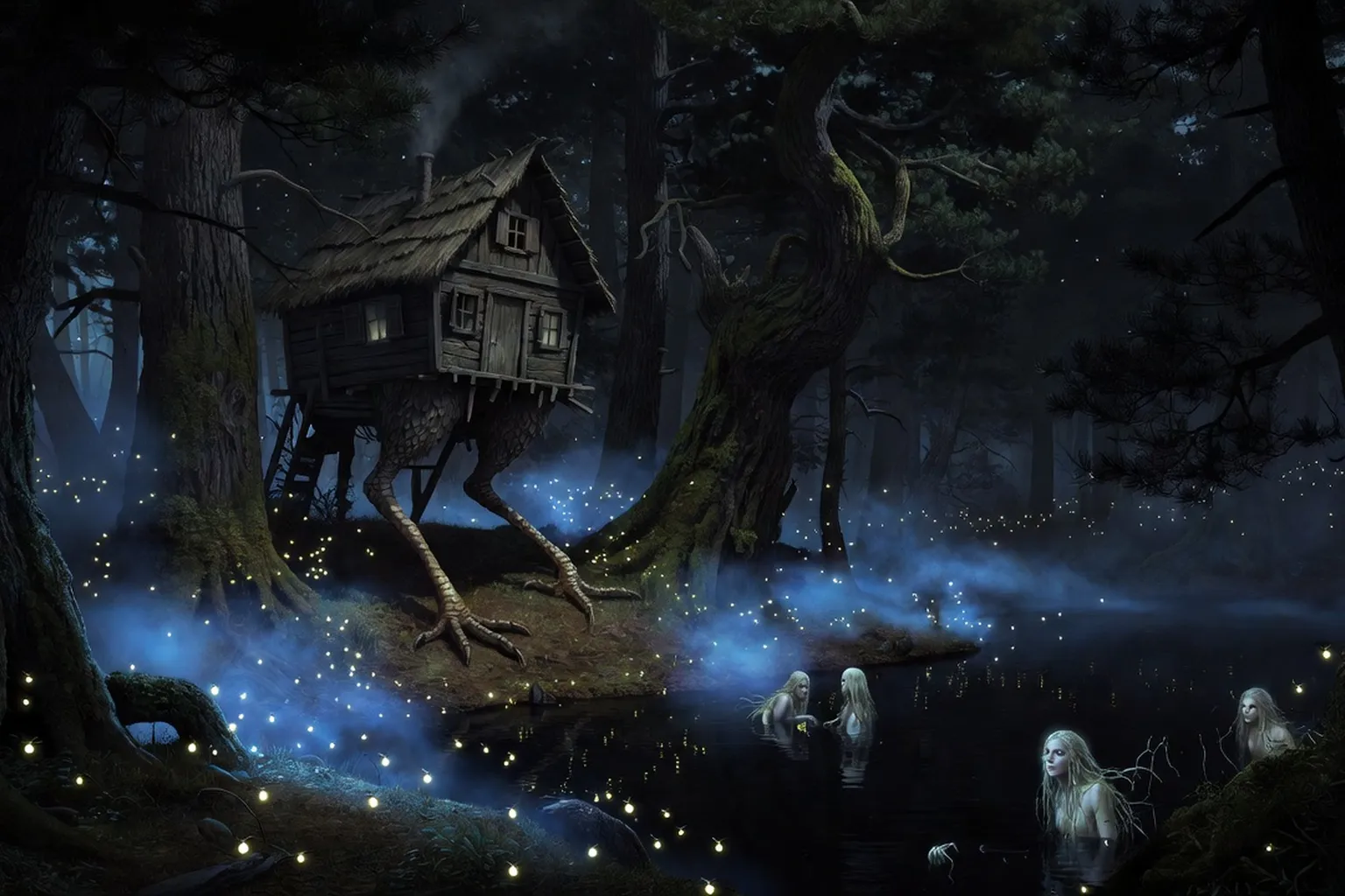 Illustration de la mythologie slave : Baba Yaga, Rusalki et créatures fantastiques dans une forêt mystérieuse