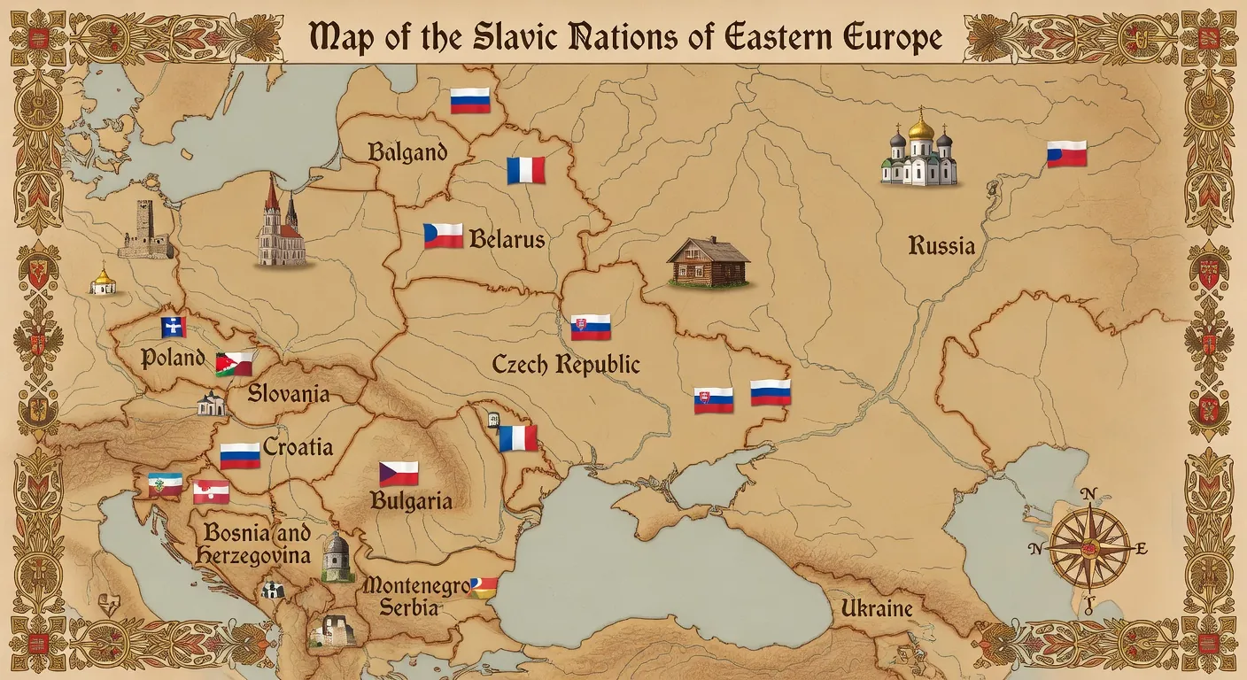 Carte des 13 pays slaves d'Europe regroupés en trois branches Est, Ouest et Sud