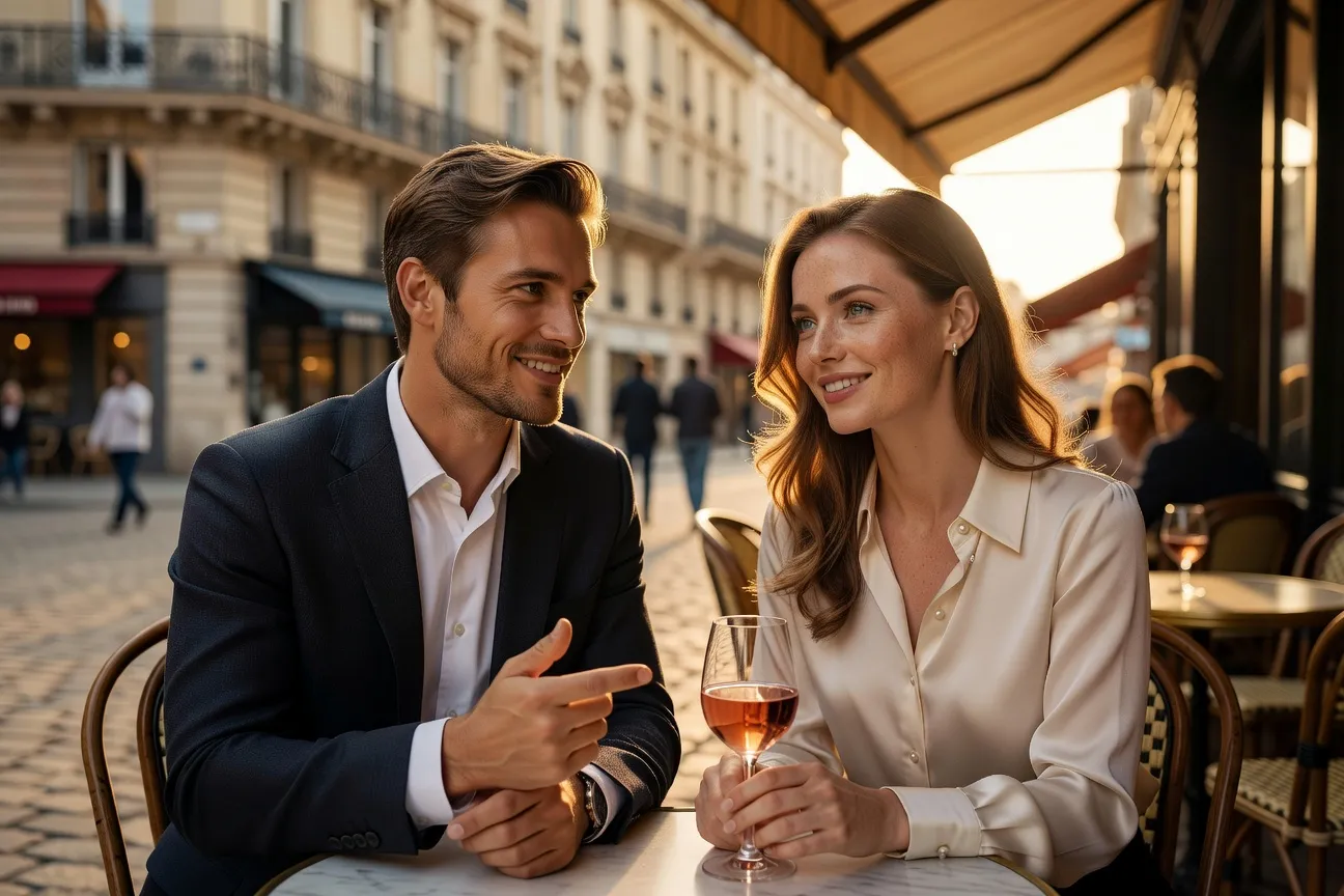 Couple franco-slave dans un café parisien, ambiance romantique éditoriale, la femme aux traits slaves discute avec son compagnon européen autour d'une table