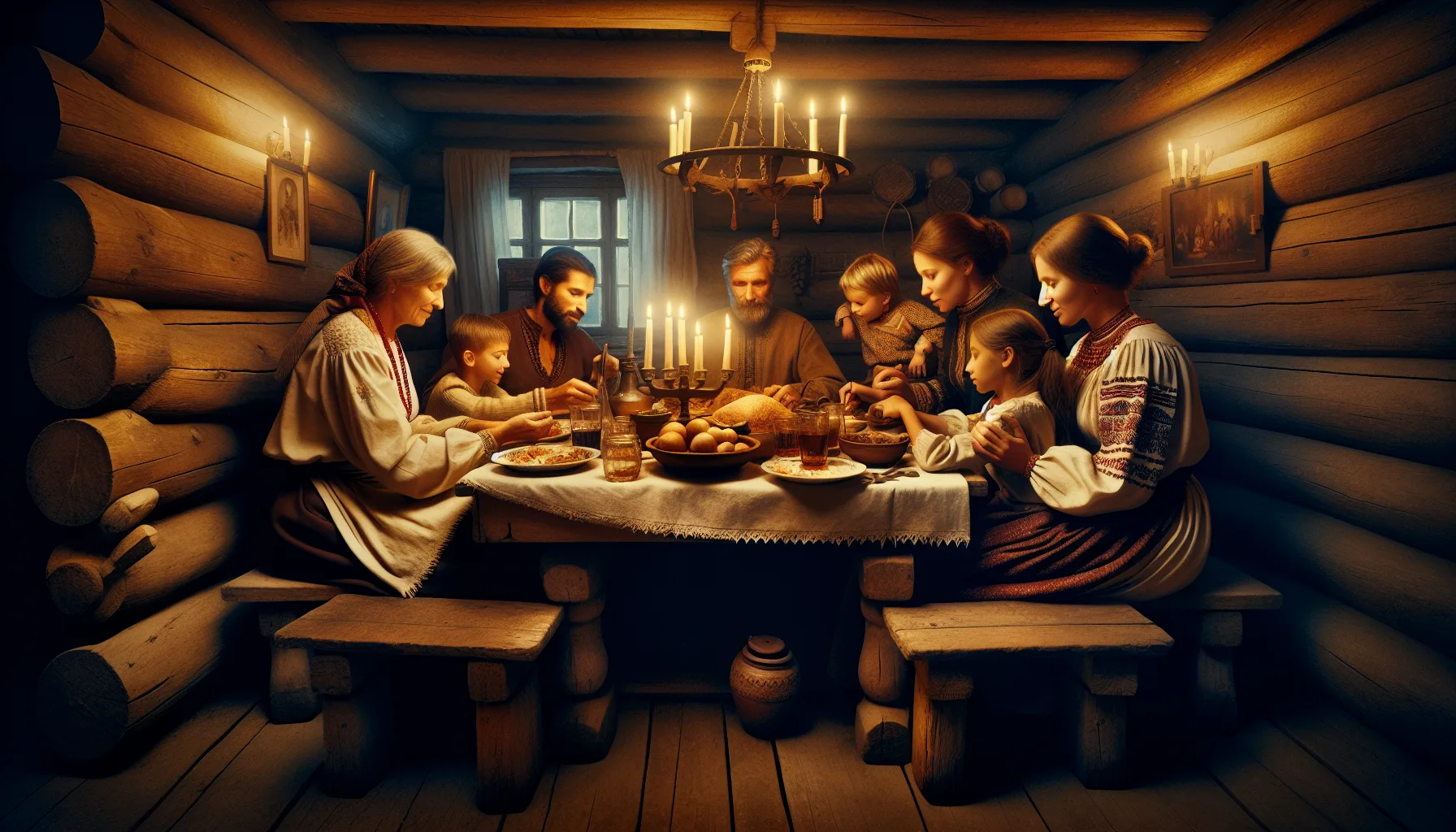 Famille slave réunie autour d'une table traditionnelle, incarnant l'hospitalité et la chaleur de l'âme slave