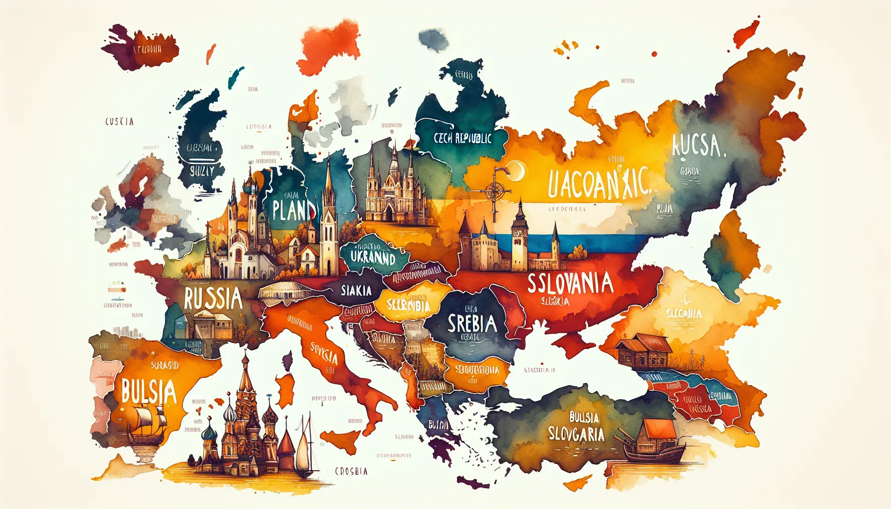 Carte illustrée des pays slaves d'Europe montrant les trois groupes linguistiques: slaves de l'Est, de l'Ouest et du Sud