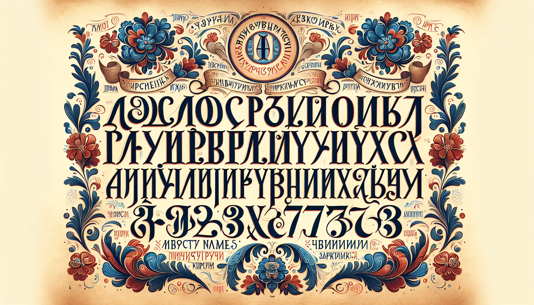 Calligraphie de prénoms slaves en écriture cyrillique et latine sur parchemin décoré d'ornements floraux traditionnels