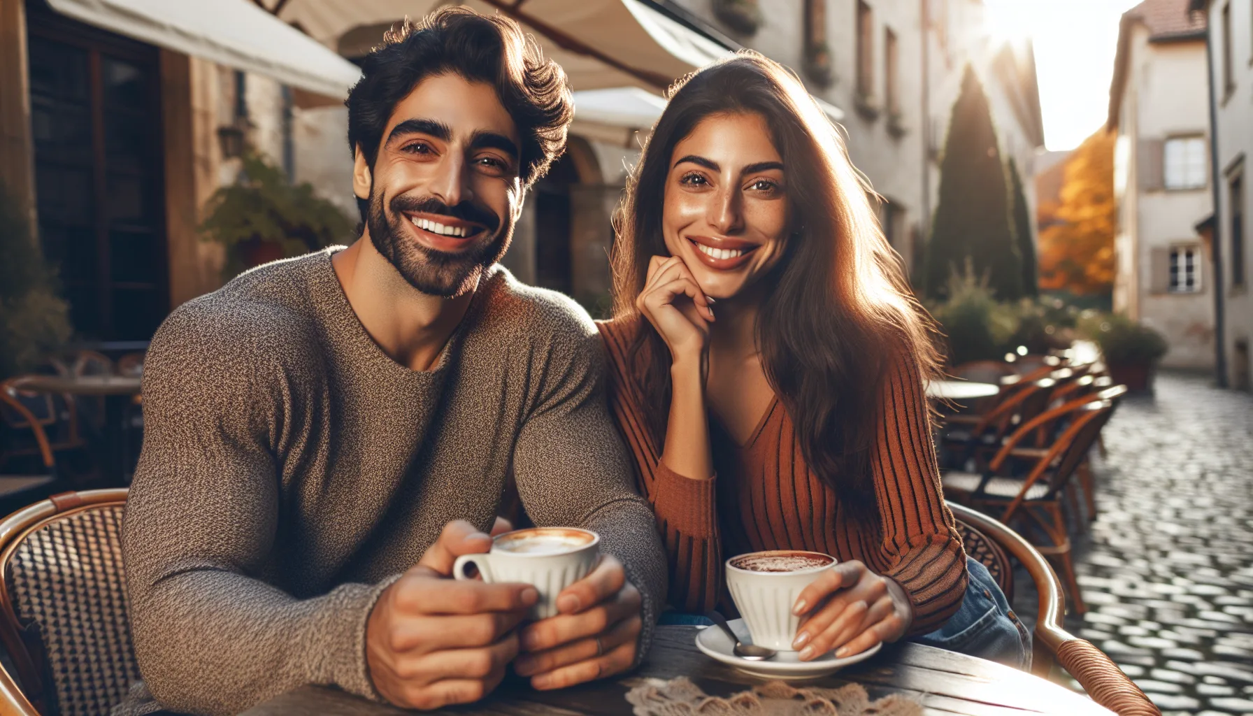 Couple franco-slave discutant à la terrasse d'un café parisien, illustrant la rencontre entre cultures occidentale et slave