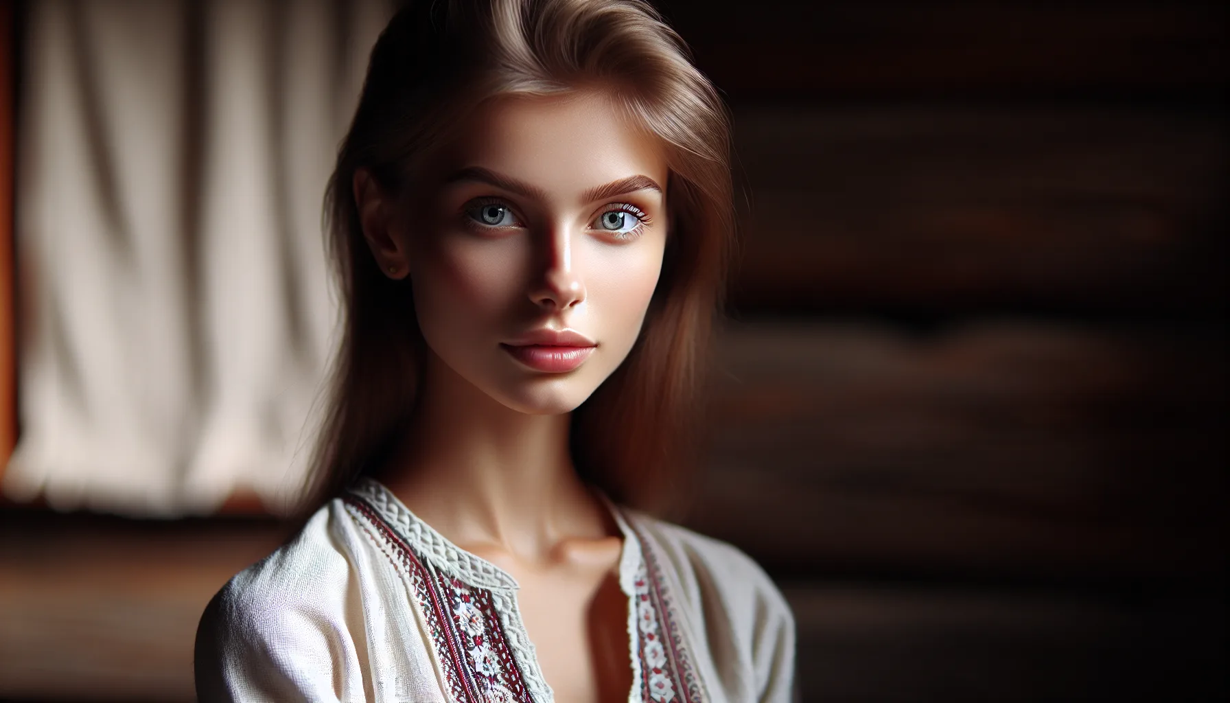 Portrait d'une femme slave aux traits caractéristiques : pommettes hautes, yeux clairs et peau lumineuse